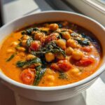 A white bowl filled with One-Pot Creamy Tomato Basil Chickpea Stew featuring chickpeas, spinach, and tomatoes in a rich orange sauce.