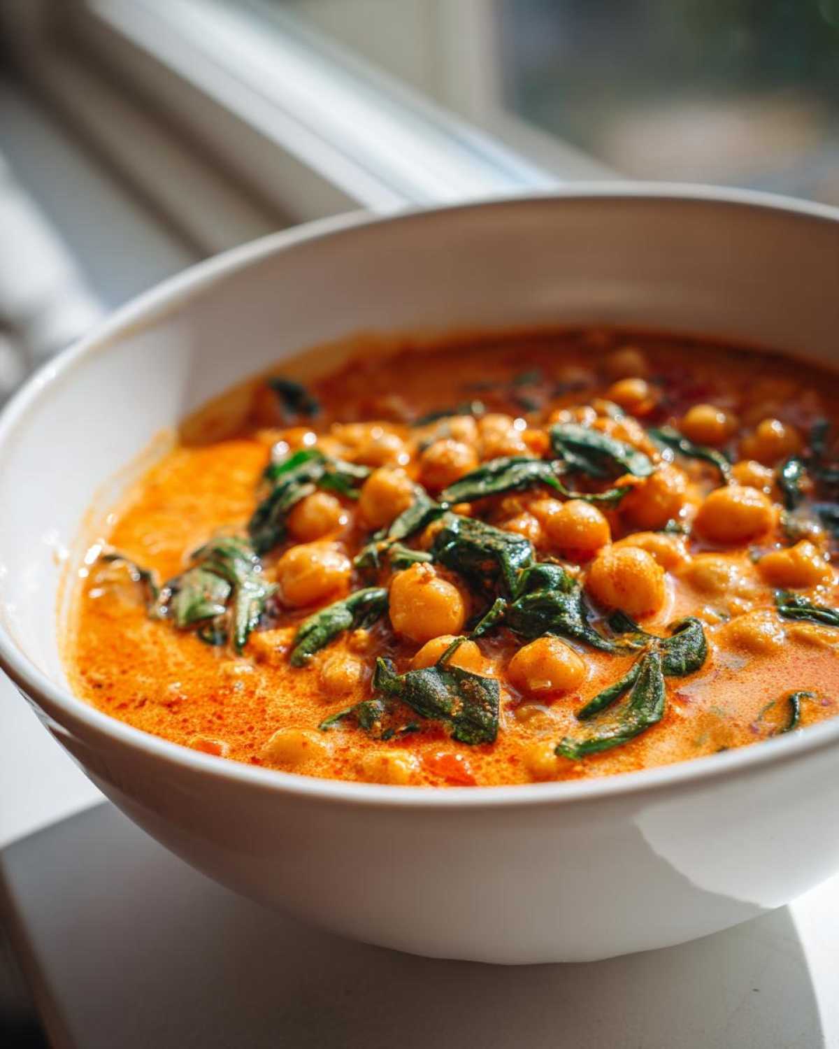 Close-up of One-Pot Creamy Tomato Basil Chickpea Stew with chickpeas and wilted spinach in a white bowl.