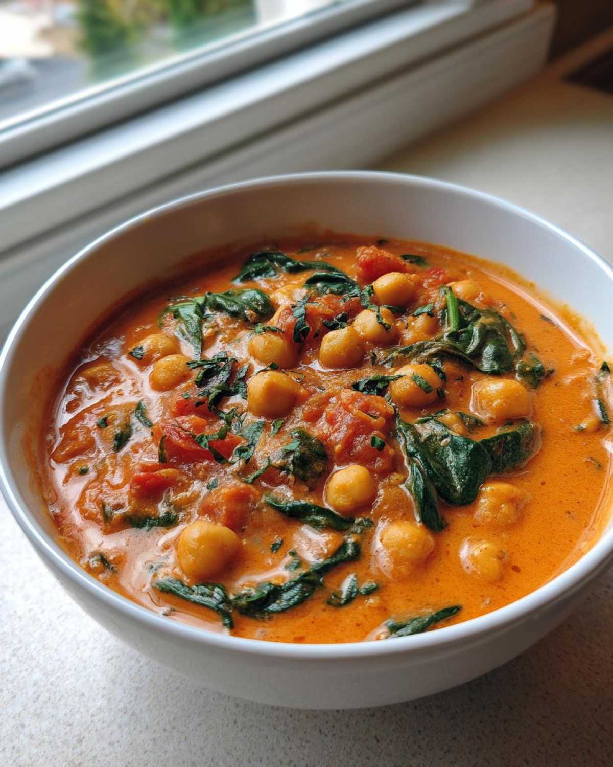 A close-up of One-Pot Creamy Tomato Basil Chickpea Stew featuring chickpeas, wilted spinach, and a rich orange sauce in a white bowl.
