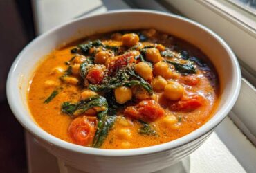A white bowl filled with One-Pot Creamy Tomato Basil Chickpea Stew featuring chickpeas, spinach, and tomatoes in a rich orange sauce.
