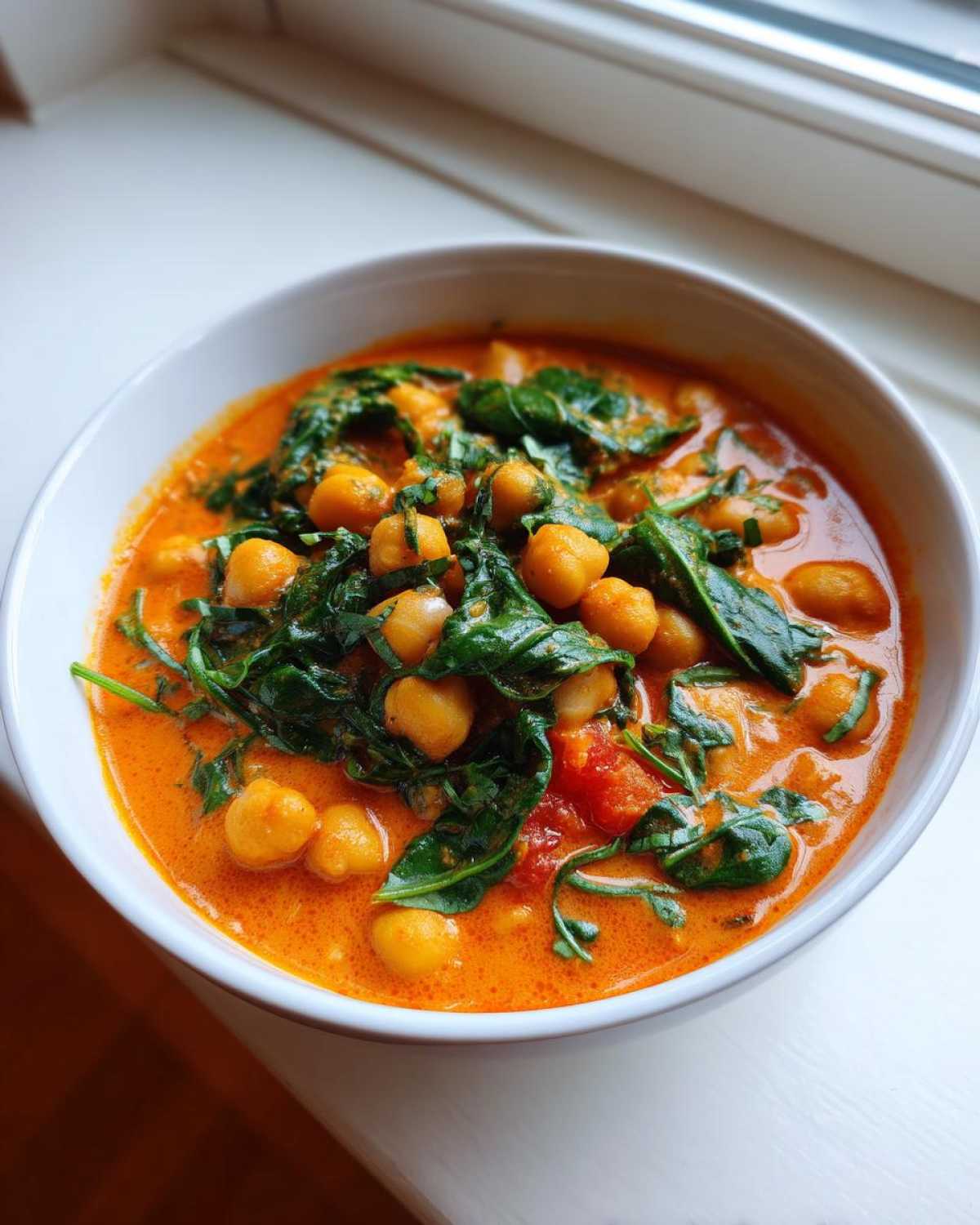 Close-up of a white bowl filled with One-Pot Creamy Tomato Basil Chickpea Stew, garnished with fresh green herbs.
