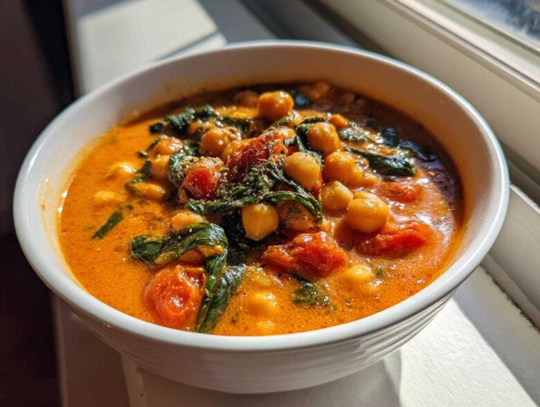 A white bowl filled with One-Pot Creamy Tomato Basil Chickpea Stew featuring chickpeas, spinach, and tomatoes in a rich orange sauce.