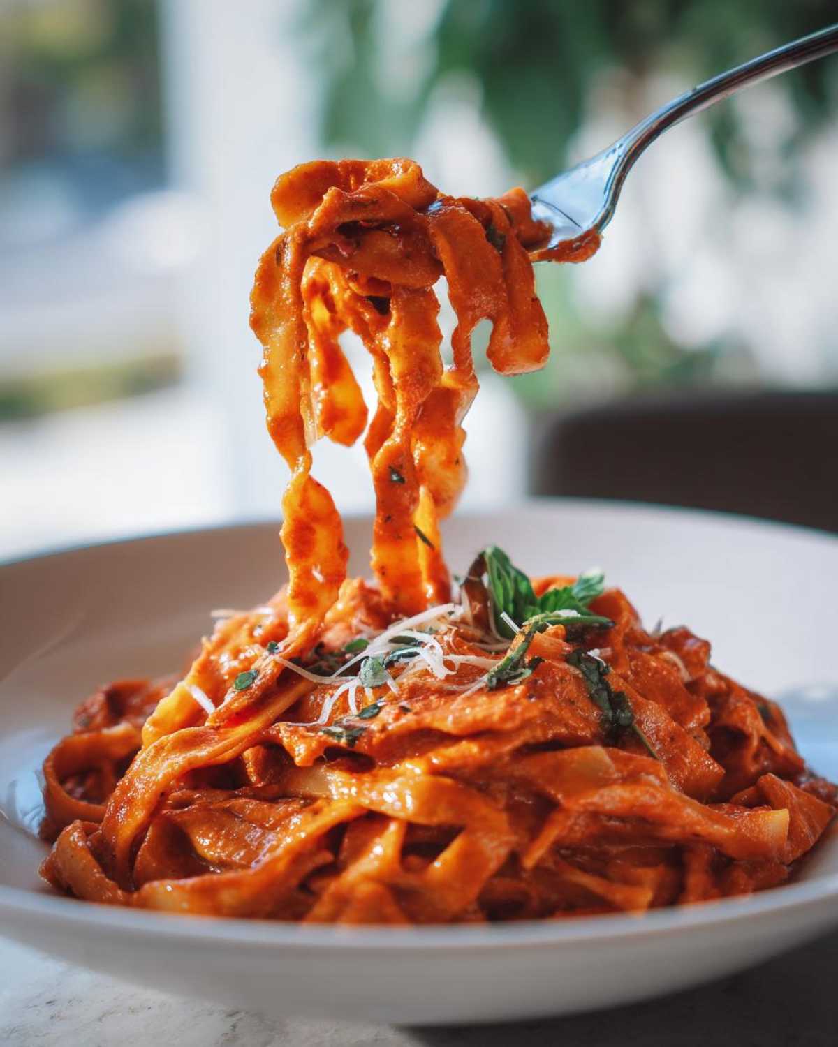 A fork lifts strands of creamy tomato basil tortilla pasta coated in rich red sauce from a white bowl.