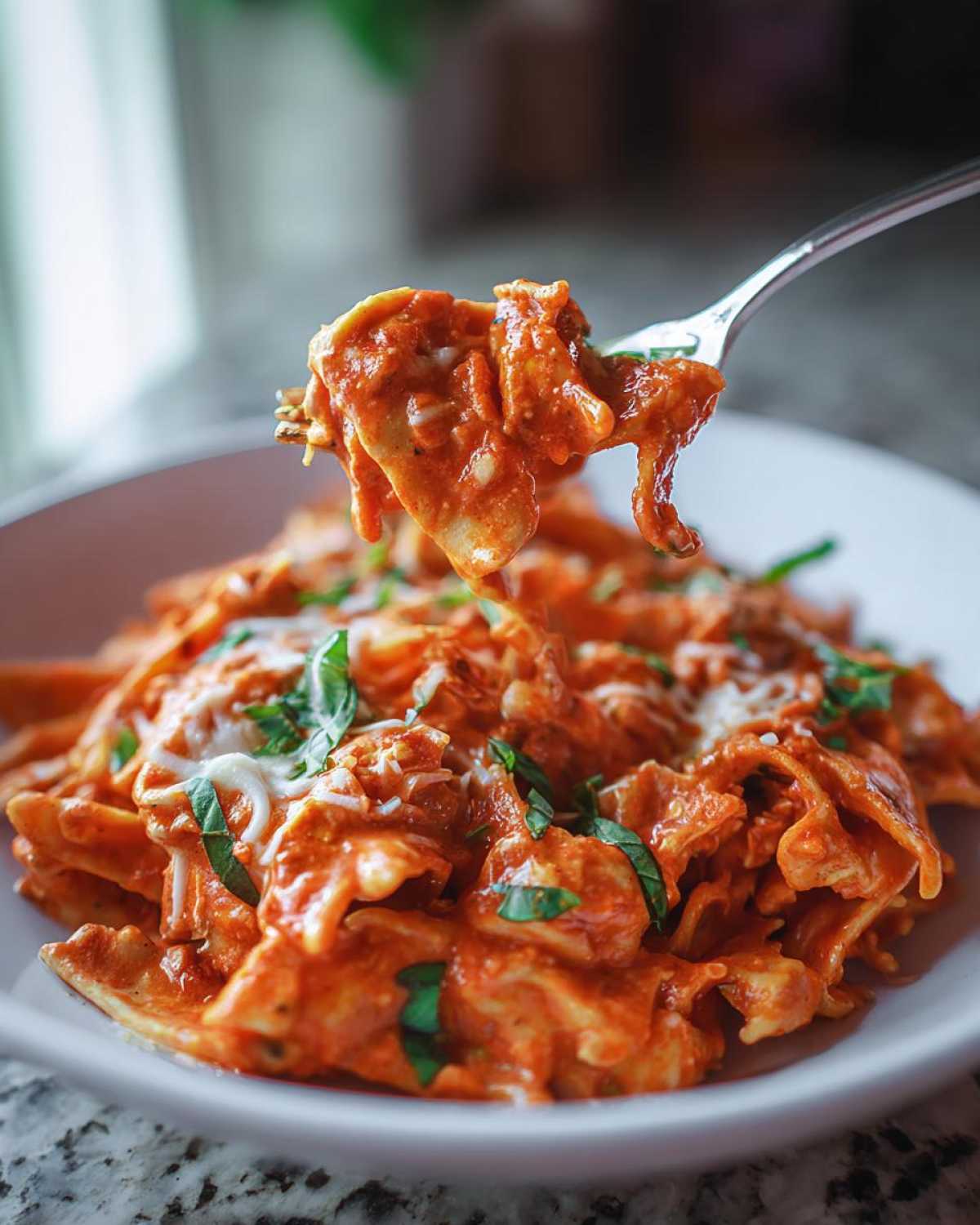A fork lifting a bite of One-Pot Creamy Tomato Basil Tortilla Pasta covered in rich sauce and cheese.