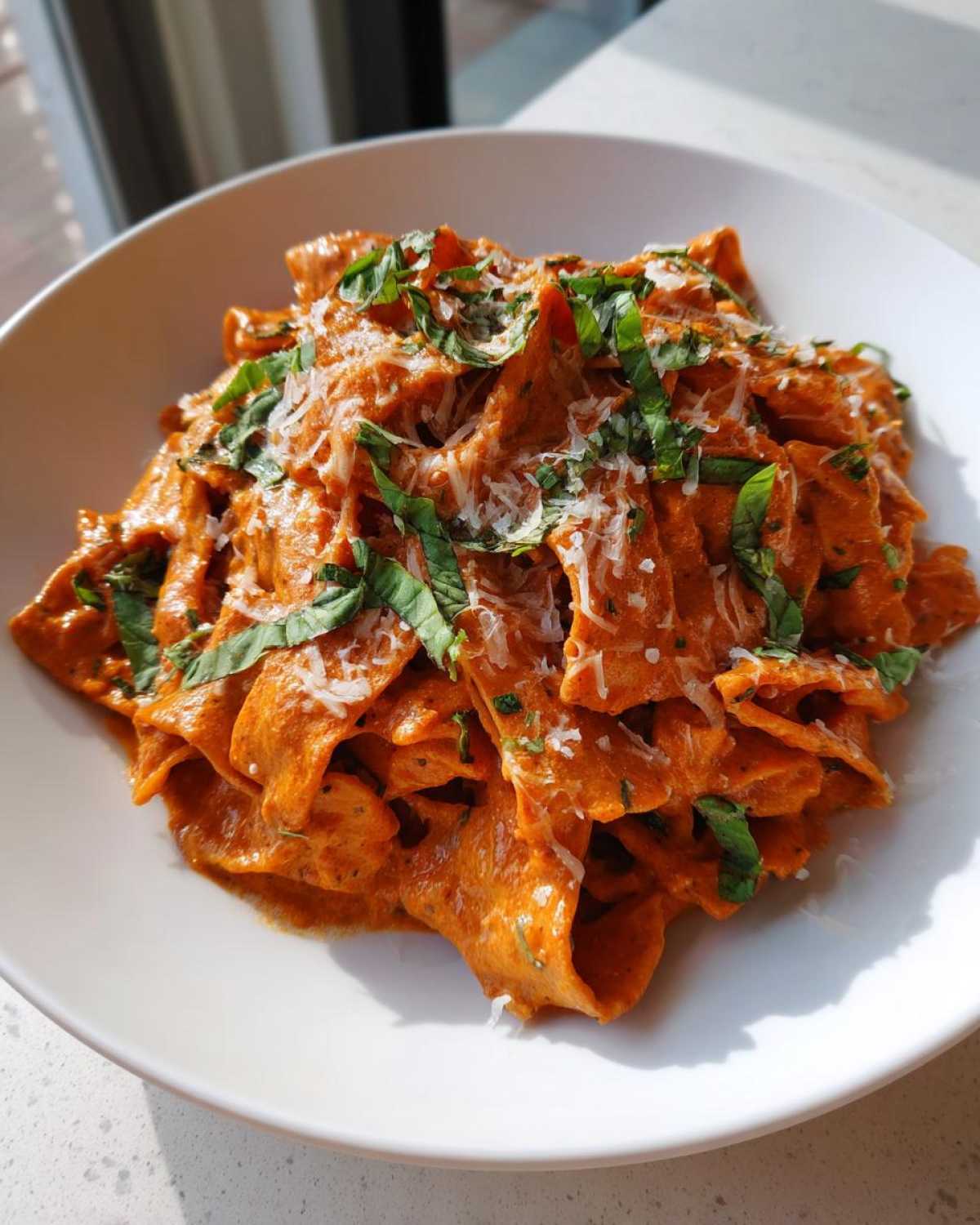 A close-up of One-Pot Creamy Tomato Basil Tortilla Pasta served in a white bowl, topped with fresh basil and Parmesan.