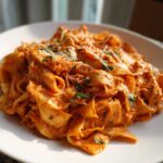 A close-up of a white plate piled high with One-Pot Creamy Tomato Basil Tortilla Pasta, topped with cheese.