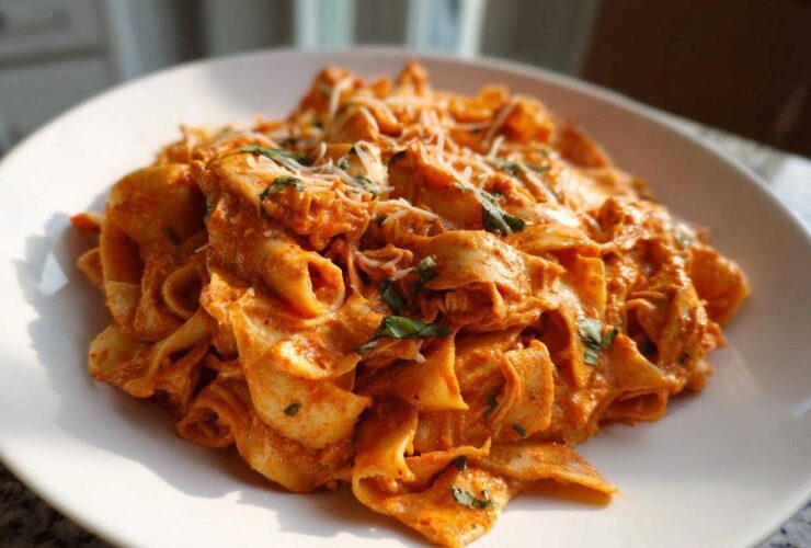 A close-up of a white plate piled high with One-Pot Creamy Tomato Basil Tortilla Pasta, topped with cheese.