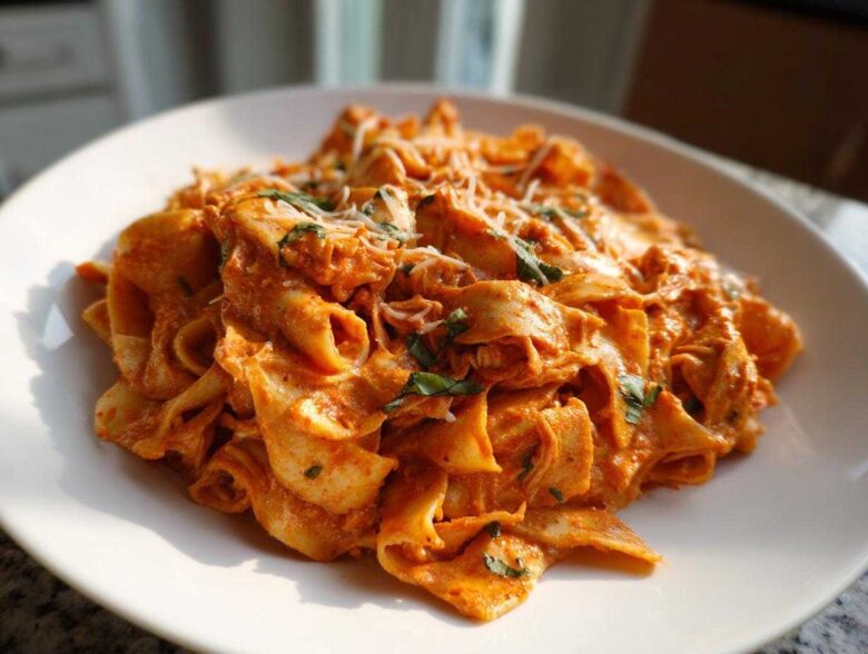 A close-up of a white plate piled high with One-Pot Creamy Tomato Basil Tortilla Pasta, topped with cheese.