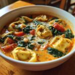 A close-up view of a white bowl filled with One-Pot Creamy Tortellini Minestrone soup, showing tortellini, spinach, tomatoes, and beans.