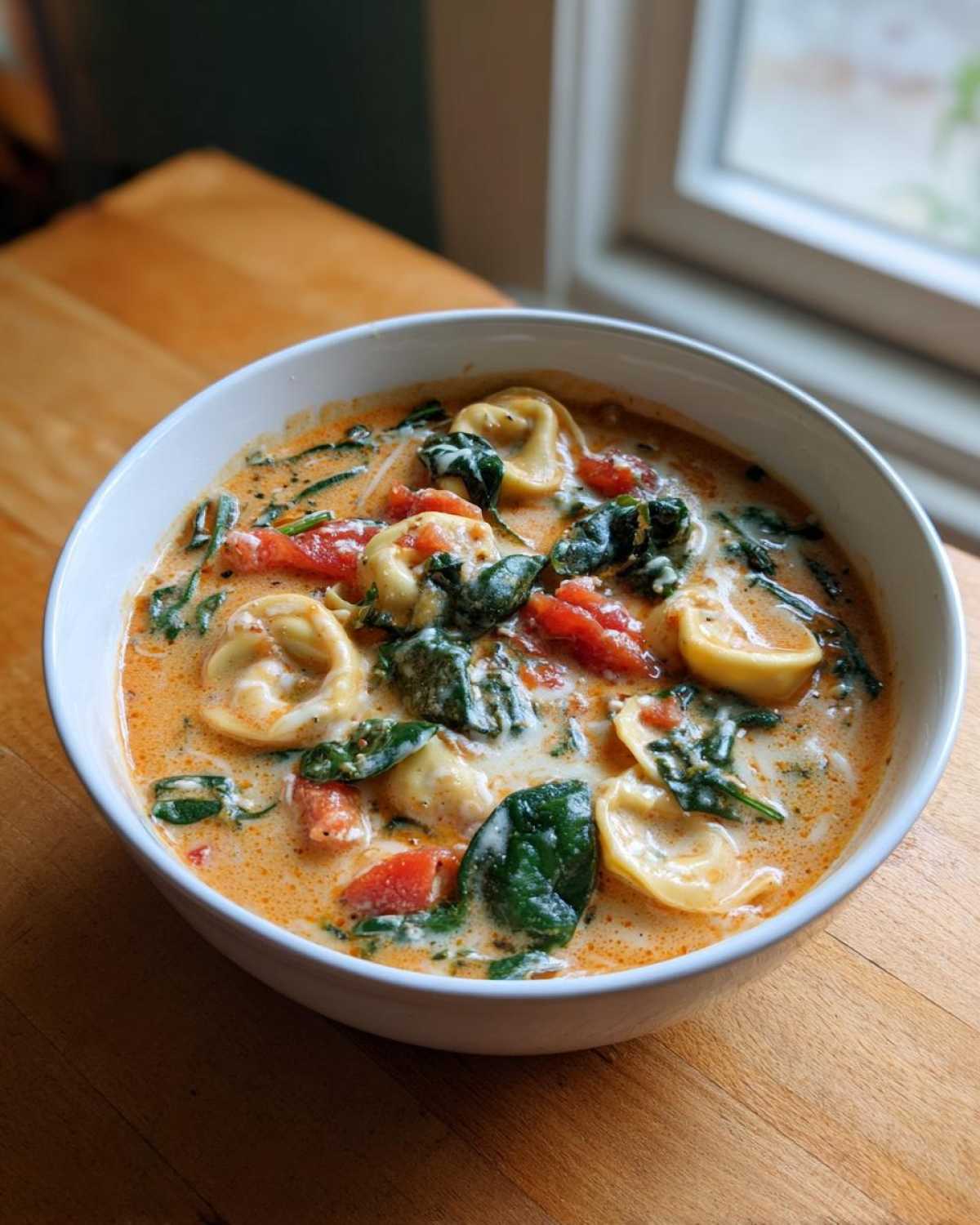 Close-up of a white bowl filled with One-Pot Creamy Tortellini Minestrone soup featuring tortellini, spinach, tomatoes, and beans.