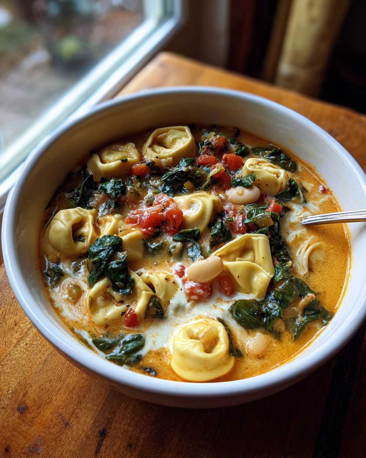 Close-up of a white bowl filled with One-Pot Creamy Tortellini Minestrone soup, featuring tortellini, spinach, tomatoes, and beans.