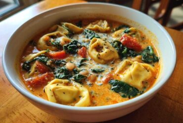 A close-up view of a white bowl filled with One-Pot Creamy Tortellini Minestrone soup, showing tortellini, spinach, tomatoes, and beans.