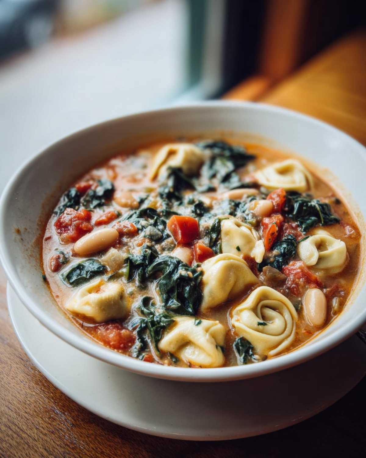 A close-up bowl of One-Pot Creamy Tortellini Minestrone soup, featuring tortellini, spinach, tomatoes, and white beans in a rich broth.