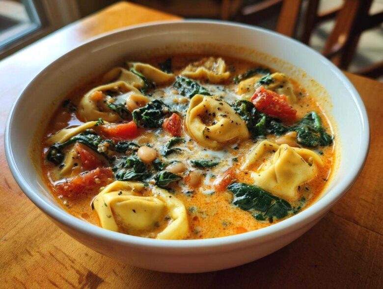A close-up view of a white bowl filled with One-Pot Creamy Tortellini Minestrone soup, showing tortellini, spinach, tomatoes, and beans.