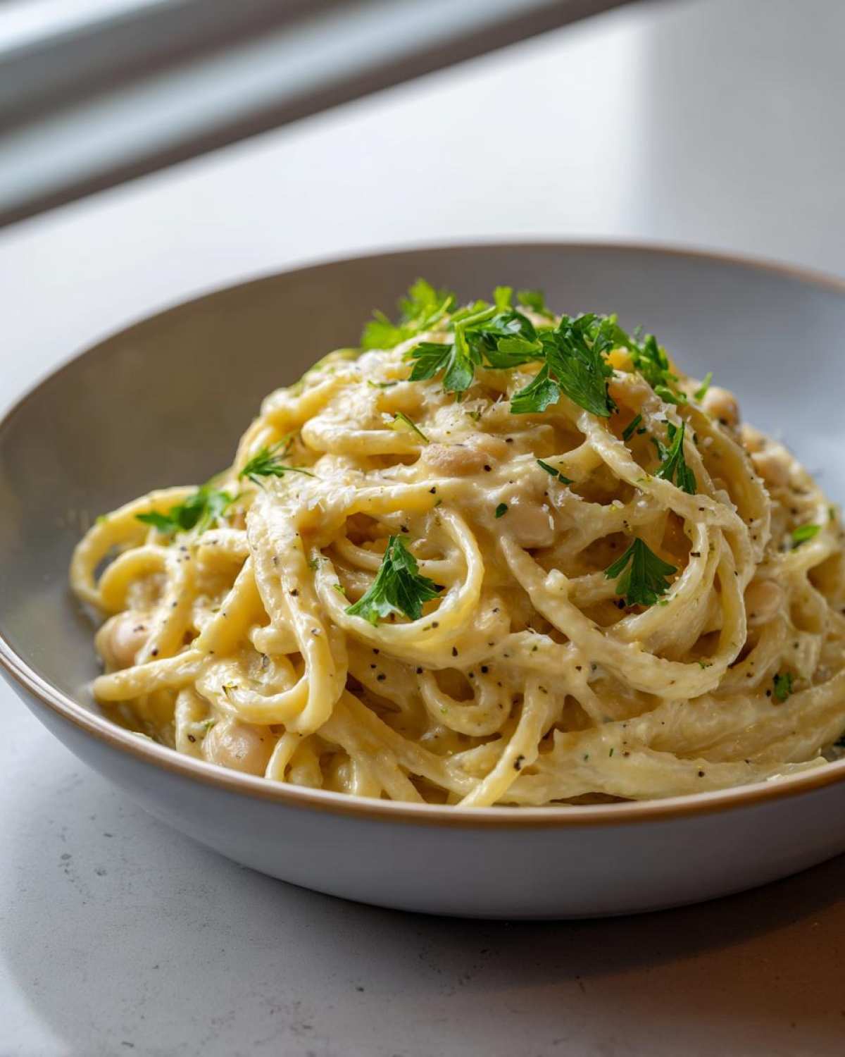 A bowl filled with creamy One-Pot Creamy White Bean Lemon Pasta, garnished with fresh parsley.