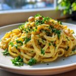 A serving of One-Pot Creamy White Bean Lemon Pasta, topped generously with fresh parsley and whole white beans.