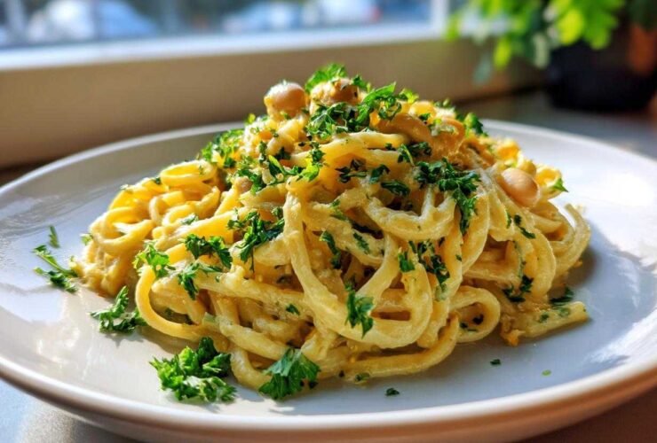 A serving of One-Pot Creamy White Bean Lemon Pasta, topped generously with fresh parsley and whole white beans.