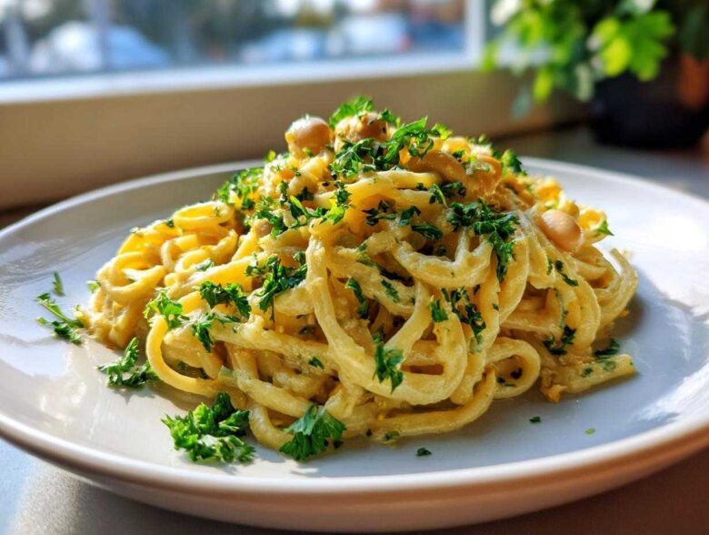 A serving of One-Pot Creamy White Bean Lemon Pasta, topped generously with fresh parsley and whole white beans.
