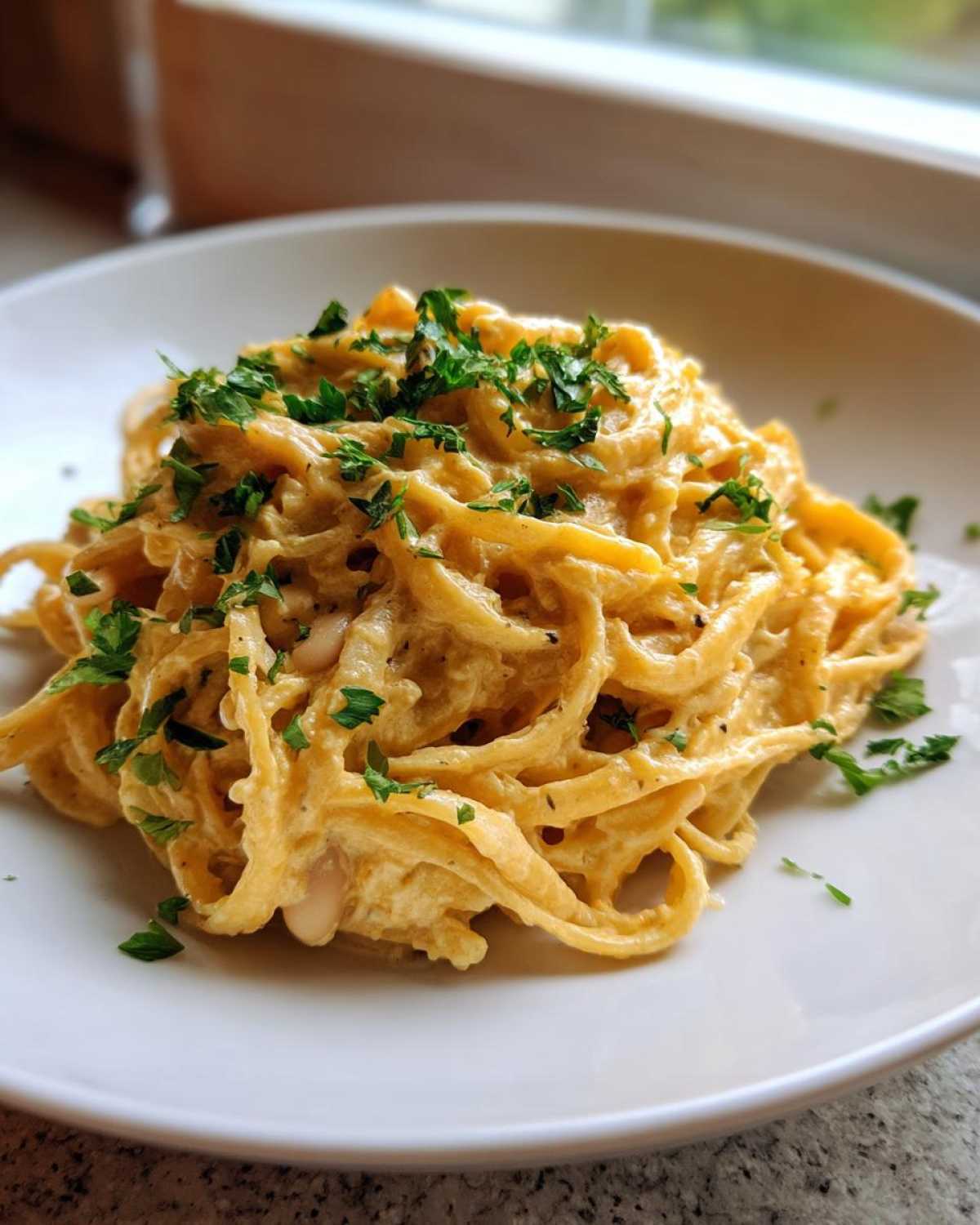 Close-up of One-Pot Creamy White Bean Lemon Pasta tossed in a rich sauce and topped with fresh parsley.