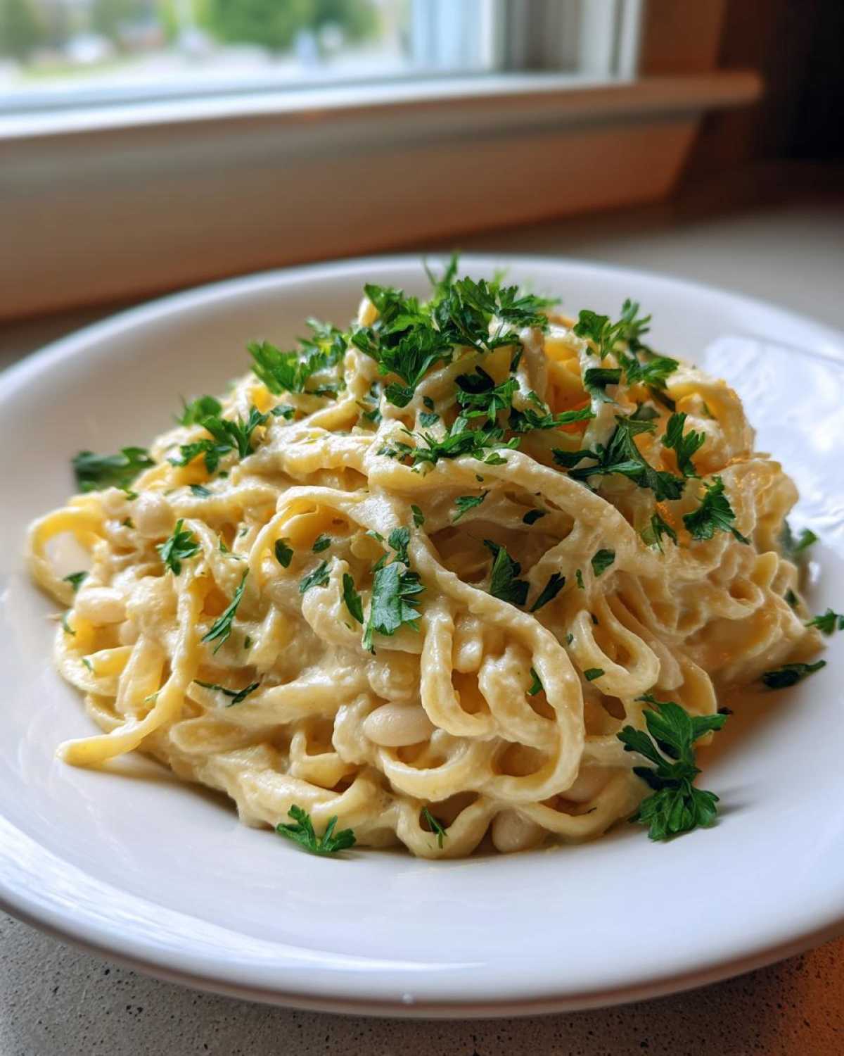 A close-up of a serving of One-Pot Creamy White Bean Lemon Pasta topped with fresh parsley.
