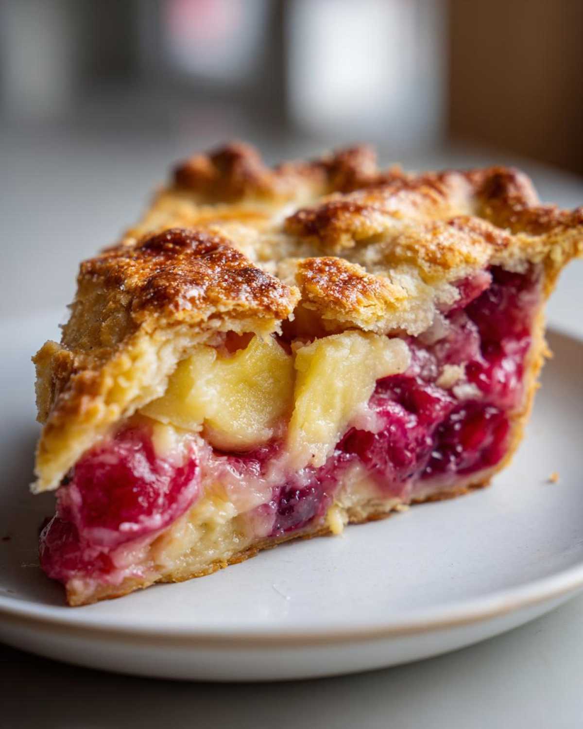 Close-up of a slice of cherry pie showing perfectly set filling consistency and flaky crust.