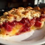 Close-up of a slice of fruit pie showing perfect filling consistency with bright red strawberries and yellow peaches.