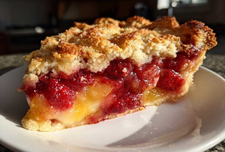 Close-up of a slice of fruit pie showing perfect filling consistency with bright red strawberries and yellow peaches.