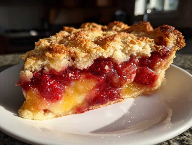 Close-up of a slice of fruit pie showing perfect filling consistency with bright red strawberries and yellow peaches.