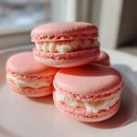 A close-up stack of four perfectly formed Pink Strawberry Macarons with creamy white filling, sitting on a white plate.