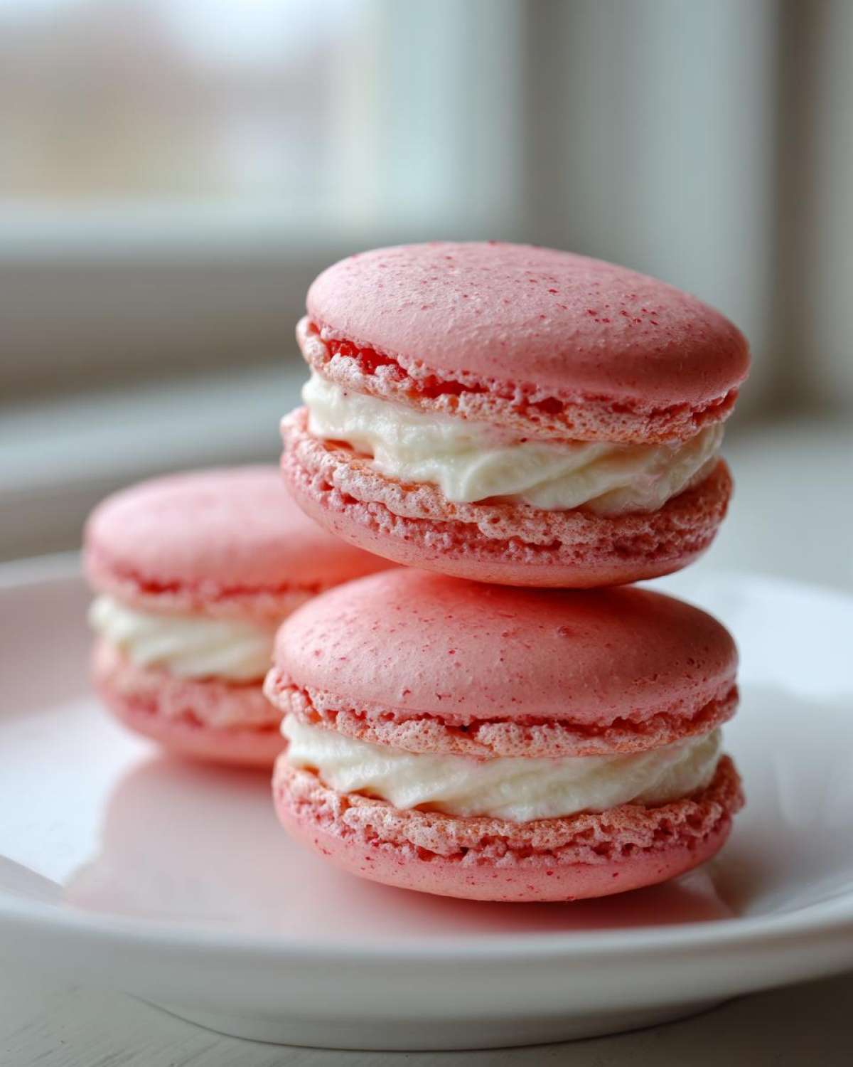 Close-up of three perfectly formed Pink Strawberry Macarons stacked and resting on a white plate.