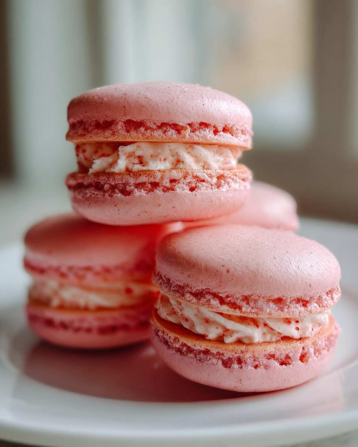 A close-up of several perfectly formed Pink Strawberry Macarons stacked on a white plate.
