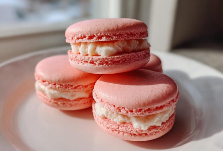 A close-up stack of four perfectly formed Pink Strawberry Macarons with creamy white filling, sitting on a white plate.