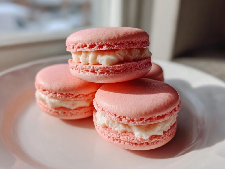 A close-up stack of four perfectly formed Pink Strawberry Macarons with creamy white filling, sitting on a white plate.