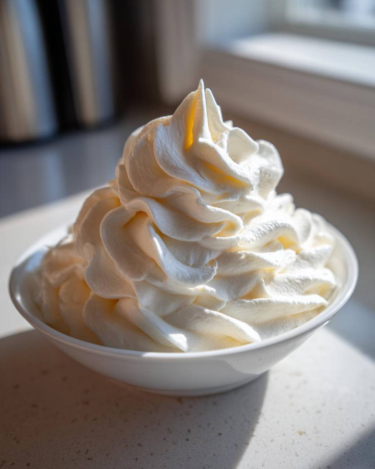 A close-up of fluffy, white, piped Cream Cheese Frosting piled high in a small white bowl.