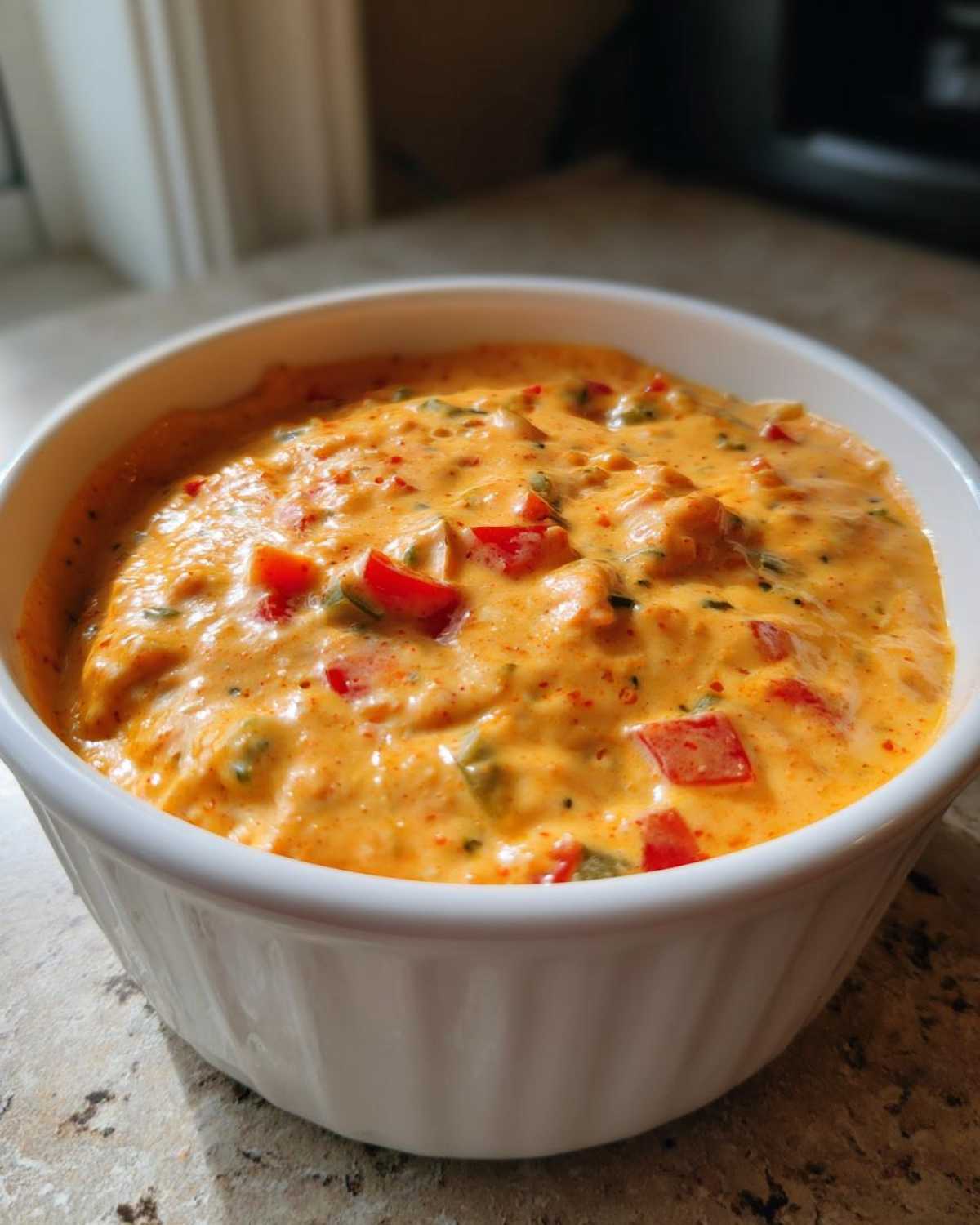 Close-up of creamy, orange Queso Dip with visible chunks of red pepper and herbs in a white serving bowl.