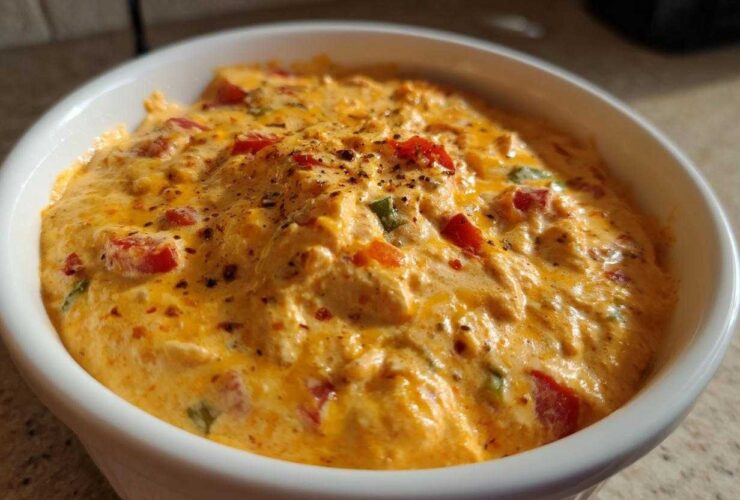 Close-up of a rich, orange Queso Dip in a white bowl, topped with peppers and spices.
