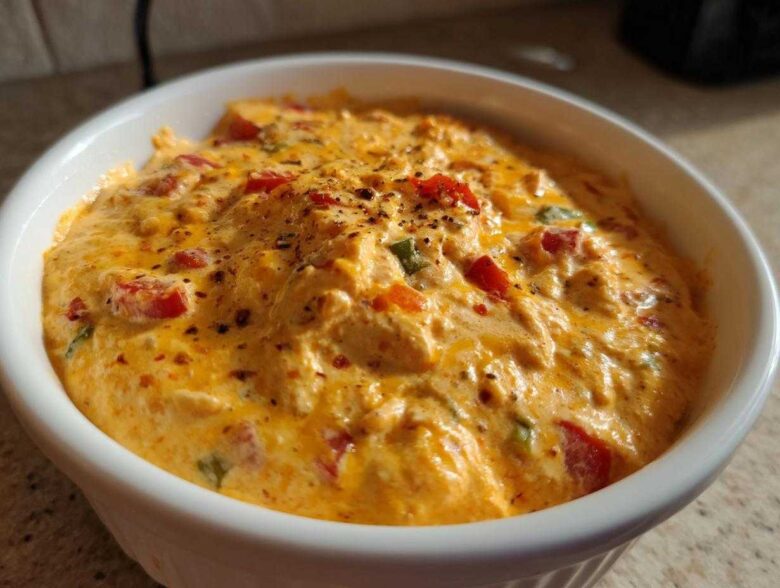 Close-up of a rich, orange Queso Dip in a white bowl, topped with peppers and spices.