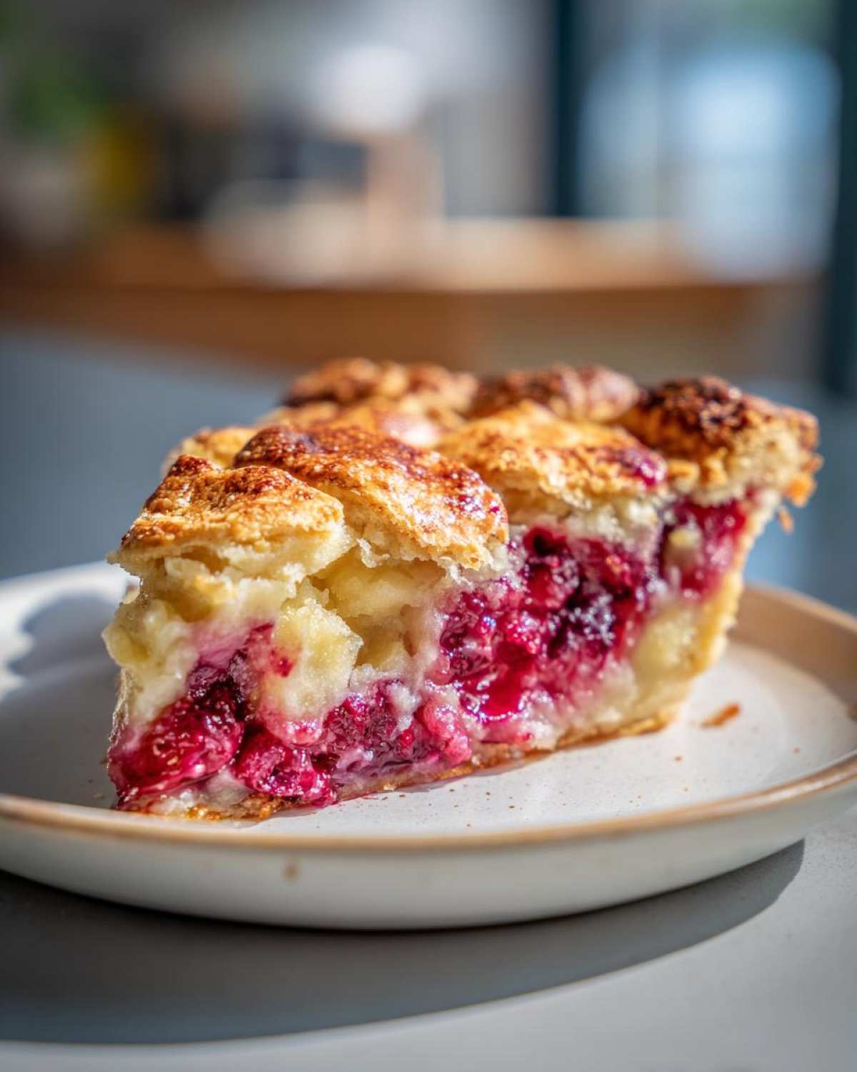 Close-up of a slice of raspberry pie showing a thick, glossy filling consistency, essential for perfect pies.