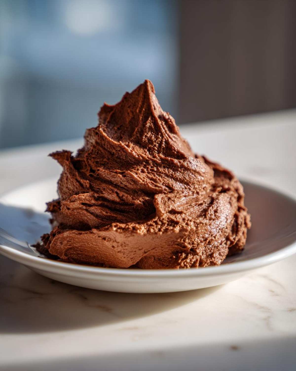 A mound of rich, dark Chocolate Buttercream Frosting piped high on a small white plate.
