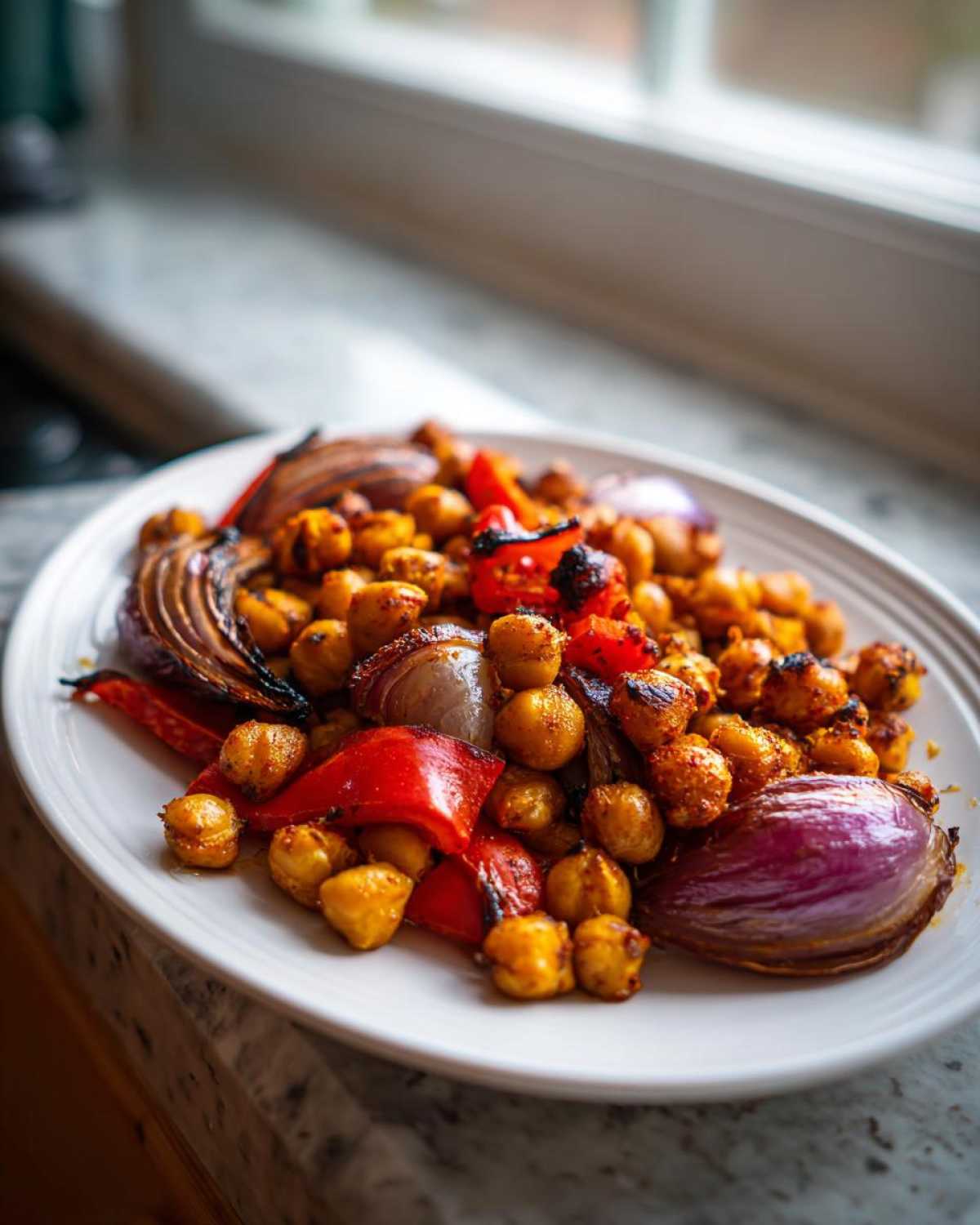 Close-up of roasted chickpeas, red onion wedges, and red pepper pieces from the Vegan One-Pan Chickpea Shawarma Sheet Bake.