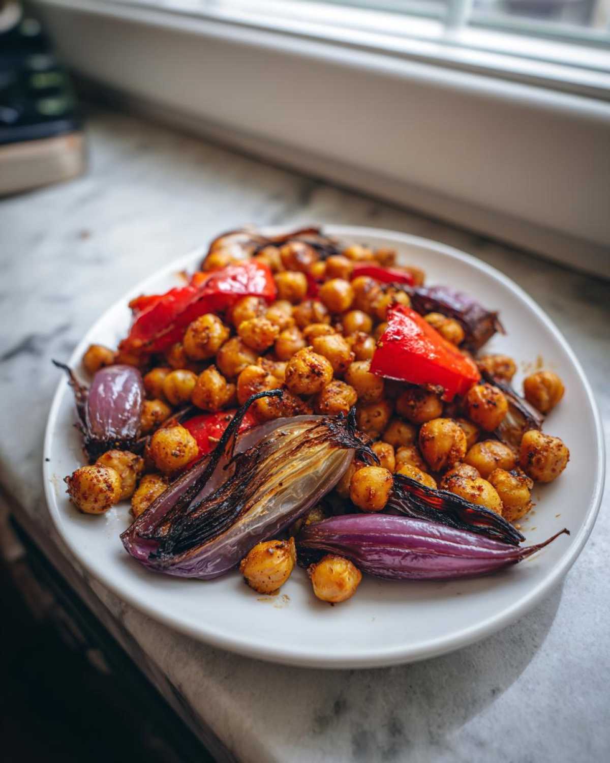 A white plate filled with roasted, spiced chickpeas, charred red onion wedges, and red bell pepper pieces from the Vegan One-Pan Chickpea Shawarma.