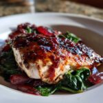 Close-up of Sheet Pan Balsamic Strawberry Chicken topped with a dark, glossy glaze, resting on wilted spinach.