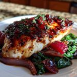 A close-up of Sheet Pan Balsamic Strawberry Chicken glazed with a dark sauce, served over wilted spinach and red onions.