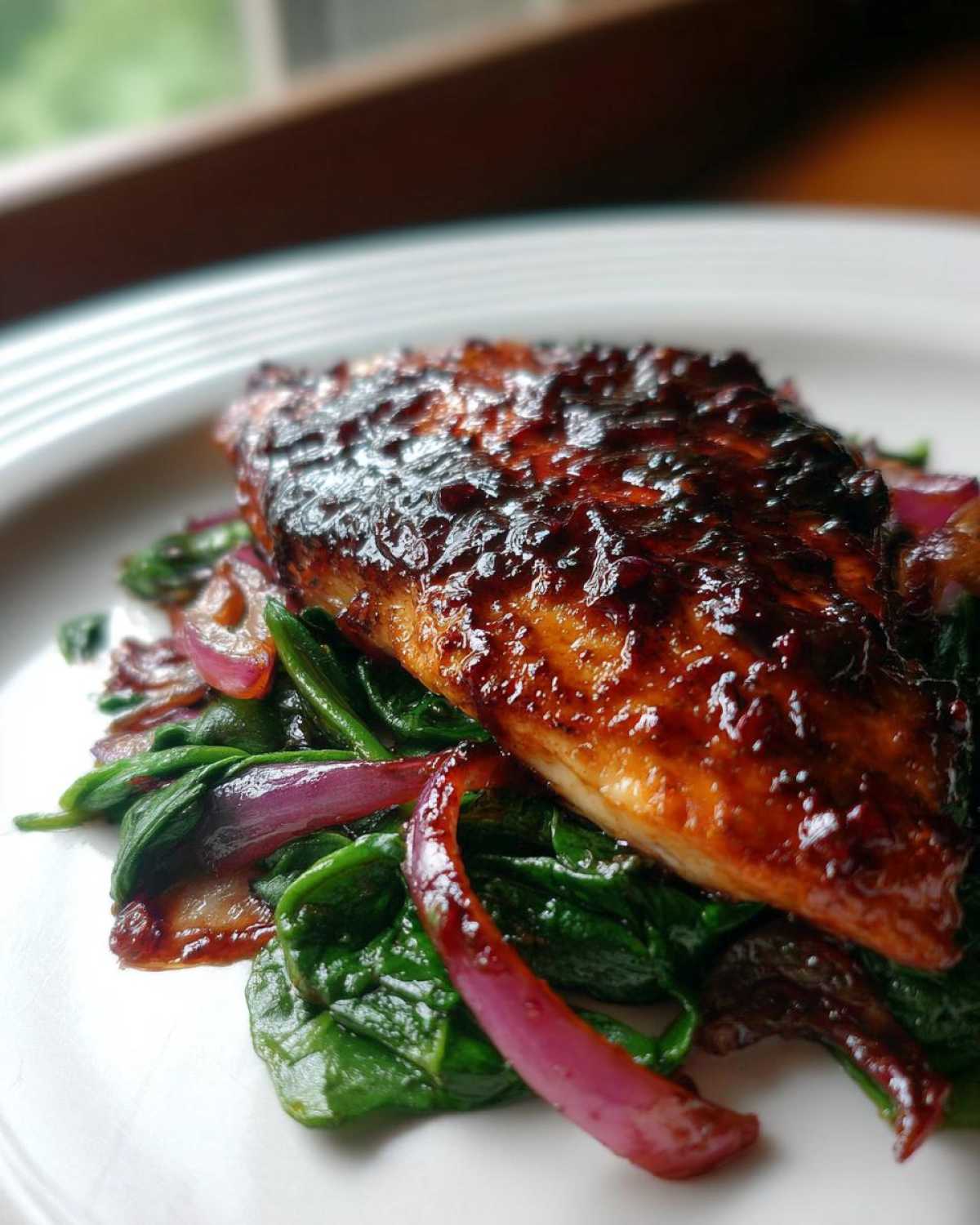 A close-up of a piece of glazed chicken breast served over wilted spinach and red onions from the Sheet Pan Balsamic Strawberry Chicken recipe.