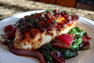 A close-up of Sheet Pan Balsamic Strawberry Chicken glazed with a dark sauce, served over wilted spinach and red onions.