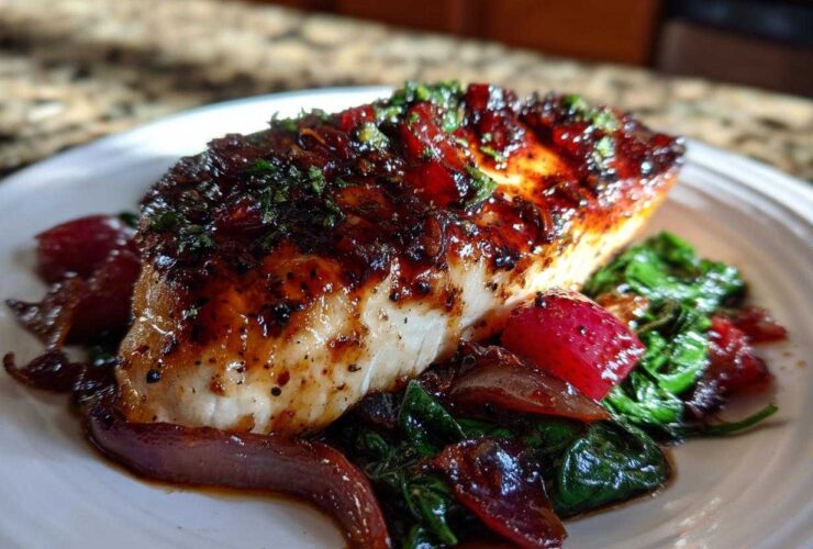 A close-up of Sheet Pan Balsamic Strawberry Chicken glazed with a dark sauce, served over wilted spinach and red onions.