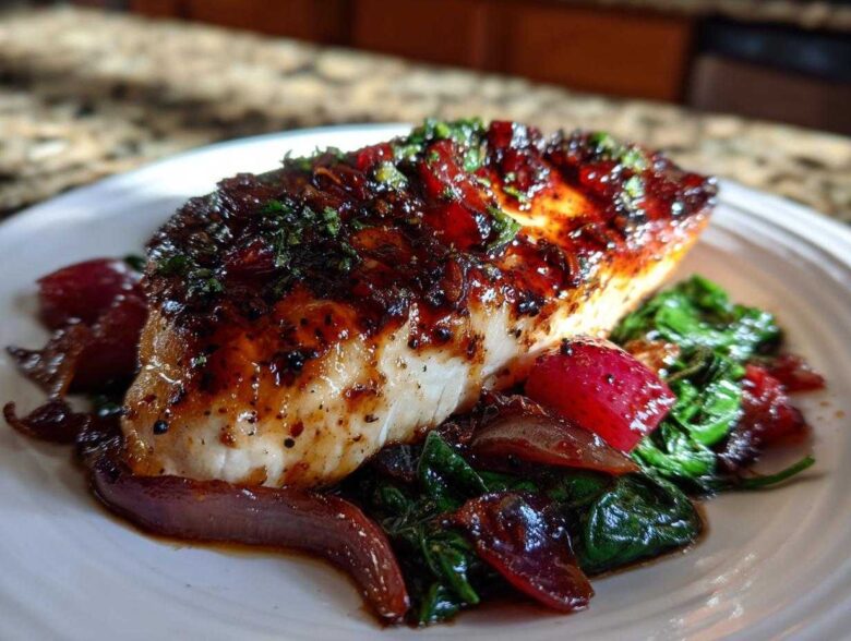 A close-up of Sheet Pan Balsamic Strawberry Chicken glazed with a dark sauce, served over wilted spinach and red onions.