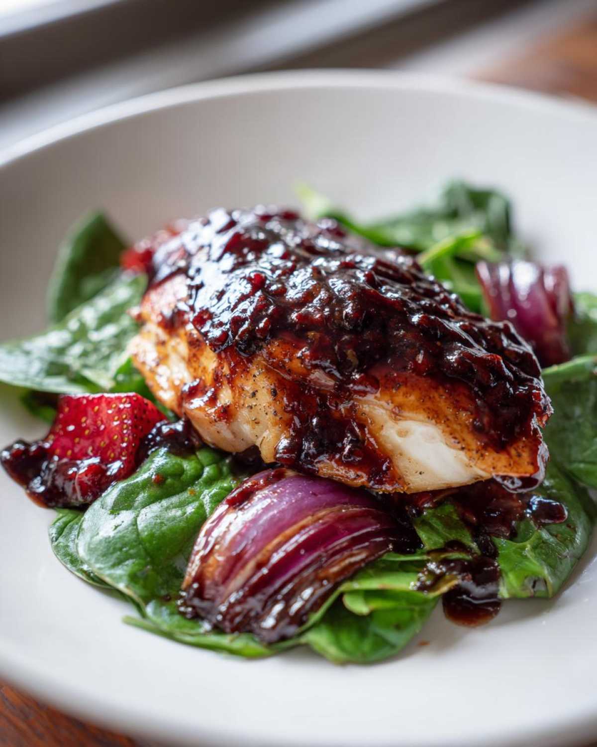 Close-up of Sheet Pan Balsamic Strawberry Chicken served over fresh spinach with roasted red onion and strawberries.