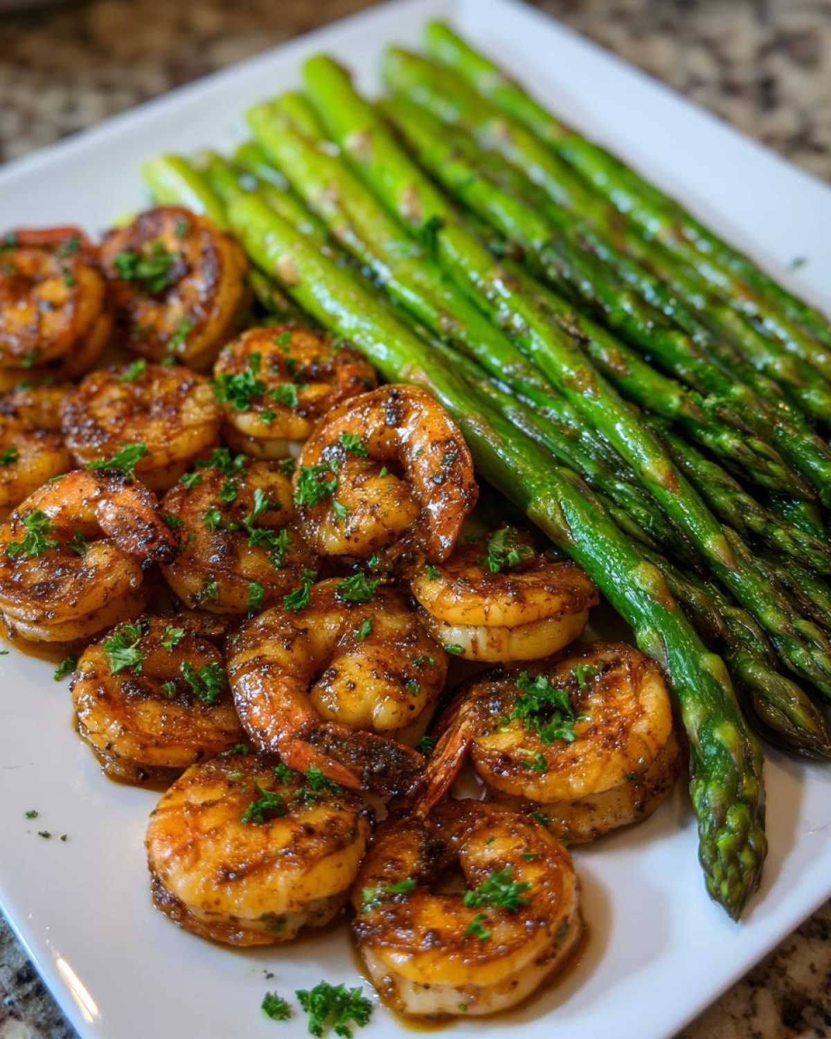 Plated Sheet Pan Crispy Garlic Butter Shrimp and Asparagus garnished with parsley.