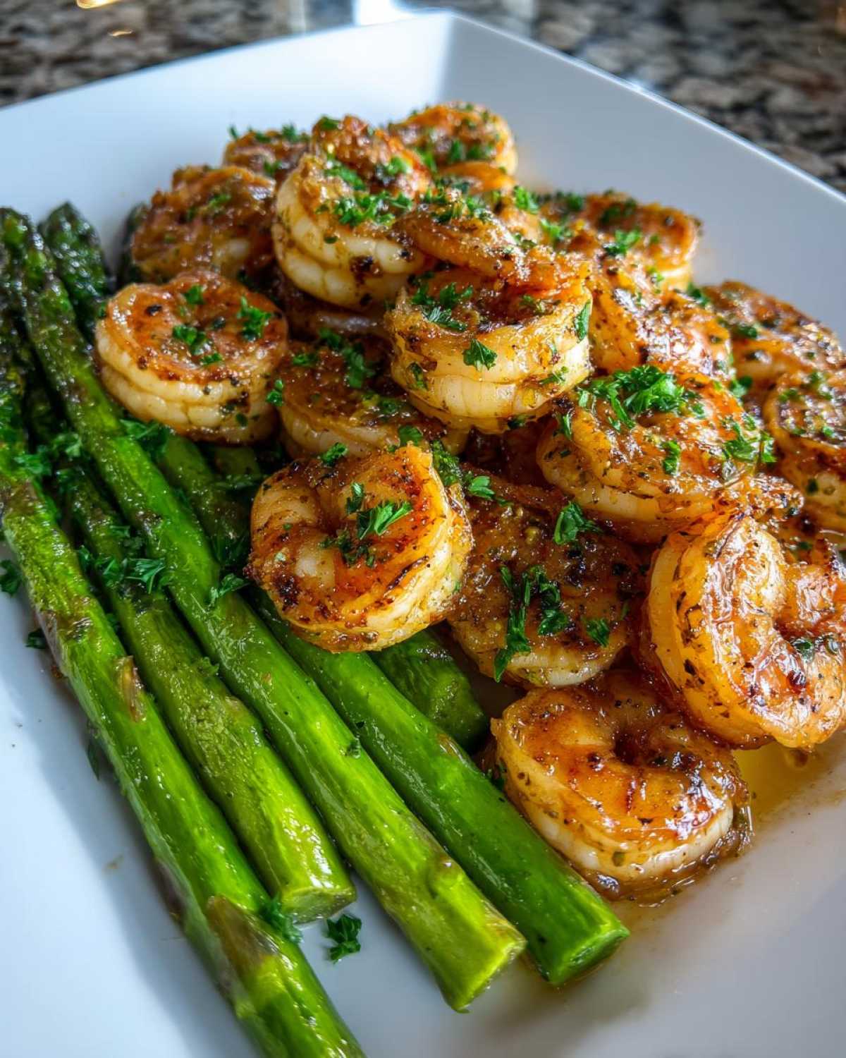 Plated Sheet Pan Crispy Garlic Butter Shrimp and Asparagus, glistening with butter sauce and topped with parsley.